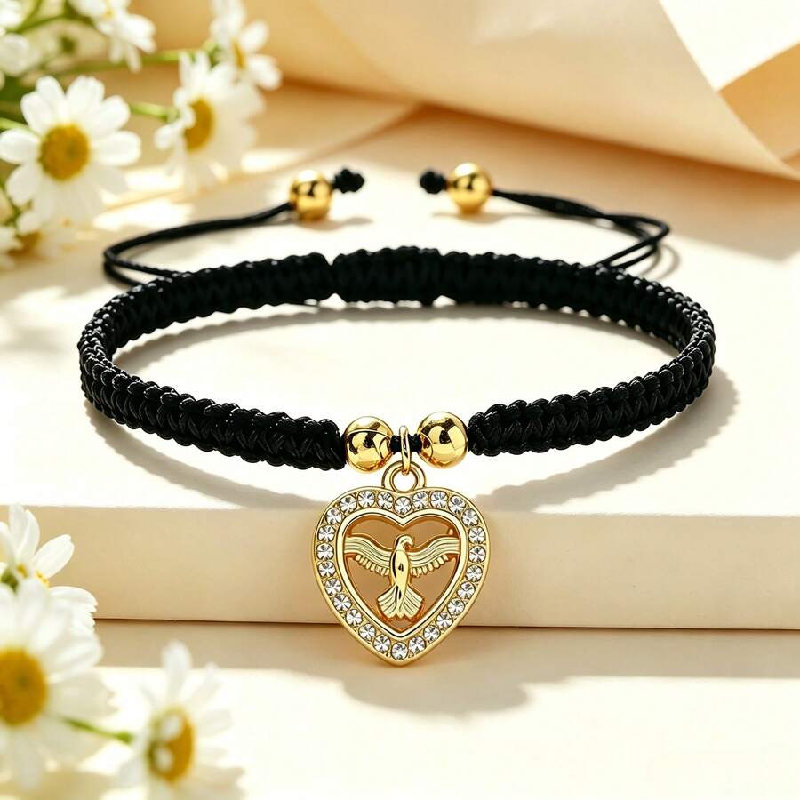 1Pc Hollow Heart Peace Dove Pendant Bracelet Crystal Rhinestone Charm Handwoven Rope Bangle For Women Couple Lucky Fashion Jewelry Gift - Love Pigeon - View 1