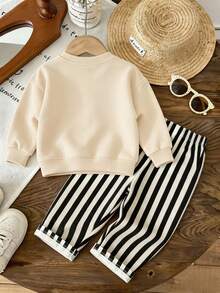 2pcs Vintage Motorcycle Style Baby Boy Outfit, Distressed Racing Print Sweatshirt With Striped Ankle Wide Leg Pants, Soft Spring Daily Wear - Apricot - View 3
