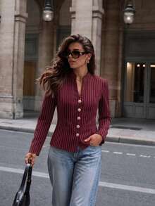 Vintage Women's Pinstripe Blazer, Long Sleeve, Stand Collar, Silver Buttons, Polyester Regular Length Commuter Style, Autumn/Winter Fall - Burgundy - View 2