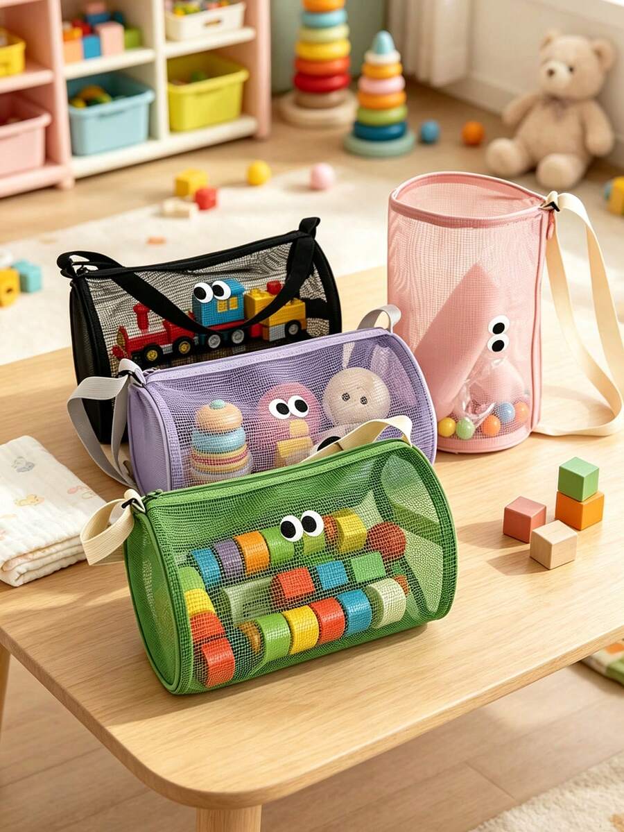 Mesh Cylinder Doll Storage Bag, Breathable Transparent With Shoulder Strap Organizer Bag, Suitable For Baby Blocks, Dolls And Parenting Sundries - Multicolor - View 1