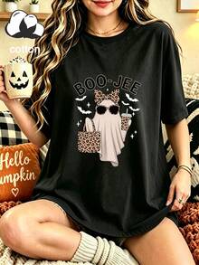 Washed Cotton Plus Size Women's Casual Loose Comfortable Round Neck Top, Spring/Summer, Plus Size - Black - View 1