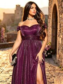 Plus Size Elegant Cold Shoulder Ruched Waist Metallic Thread High Slit A-Line Long Dress, Formal Evening Gown For Party, Wedding, Daily Wear - Hot Pink - View 2
