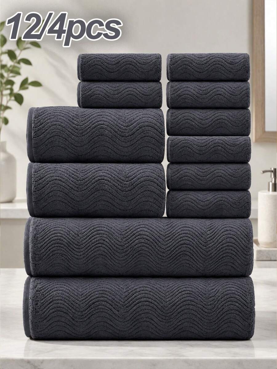 12pcs/4pcs Solid Color Wavy Pattern Towel Set, High Absorbency Soft ...
