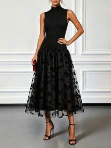 Black Elegant Sleeveless Mock Neck Fall Party Dresses For Women Knit Top Patchwork Mesh A-Line Midi Dress Formal Evening Prom Graduation Ball Dress - Black - View 4