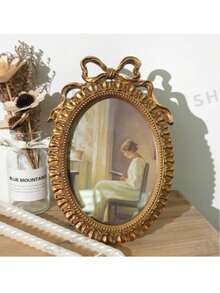 1pc European Vintage Gold Resin Picture Frame With Embossed Bow Design, Home Decor Tabletop Or Wall Hanging Photo Frame - A - View 2