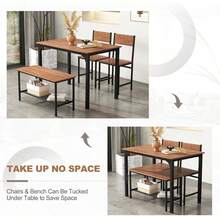 Juego de mesa de comedor para 4 personas, mesa de cocina con banco y sillas, juego de comedor industrial con marco de metal y estante de almacenamiento, para reuniones familiares, cenas diarias y espacios pequeños, color marrón - Marrón - Ver 4