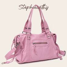 STEPHIECATHY Women's Fashionable Casual Cool Street Style Soft Brush Off Washed PU Vegan Leather Zipper Closure Zip Pockets Braid Decor Large Capacity Fits 13' Lap - Sugar Pink - View 2