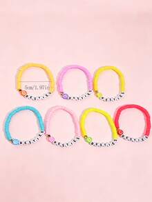 7pcs/Set Cute Smiling Face Letter Beaded Children's Bracelet Set, Colorful Elastic Stackable Bracelets, Sweet Girls Party Holiday Gift - Multicolor - View 3