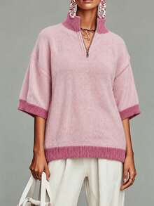 Women's Plus Size Pink Fuzzy Knit Pullover Sweater Drop Shoulder Long Sleeve Stand Collar Regular Length With Zipper Details For Fashion - Pink - View 3