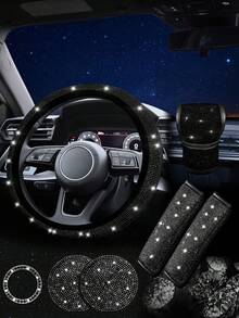 1 SET Car Diamond Steering Wheel Cover, Shiny Rhinestone Seat Belt Cover, Car Cup Holder Mat Combination - Multicolor - View 10