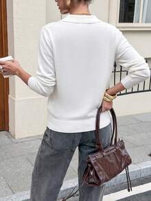 Just Masa Women's Fall Casual POLO Collar Simple Basic Sweater Pullover,Long Sleeve Solid Color Rib-Knit White Top,For Going Out,Office,Daily Wear - White - View 2