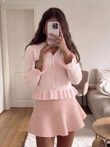 Women's Autumn/Winter Party & Outing Set, Pink Knit Hollow Design Long Sleeve Top, Casual Style - Pink - View 2