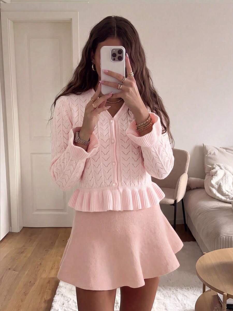 Women's Autumn/Winter Party & Outing Set, Pink Knit Hollow Design Long Sleeve Top, Casual Style