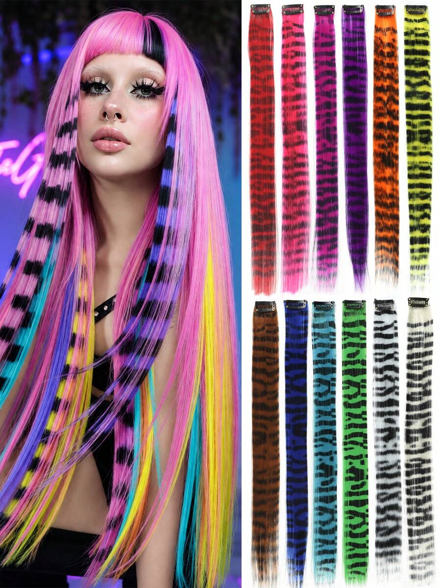Colorful Hair Extensions Single Piece Invisible Leopard Print Clip-On Hair Dye Long Straight Hair Highlight Strip Hair Extensions