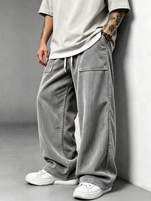 1pc Men's Corduroy Pants, Spring/Autumn, Casual Commute, Loose Fit, Minimalist Fashion, Training, Running, Versatile, Streetwear, Straight Leg - Grey - View 1