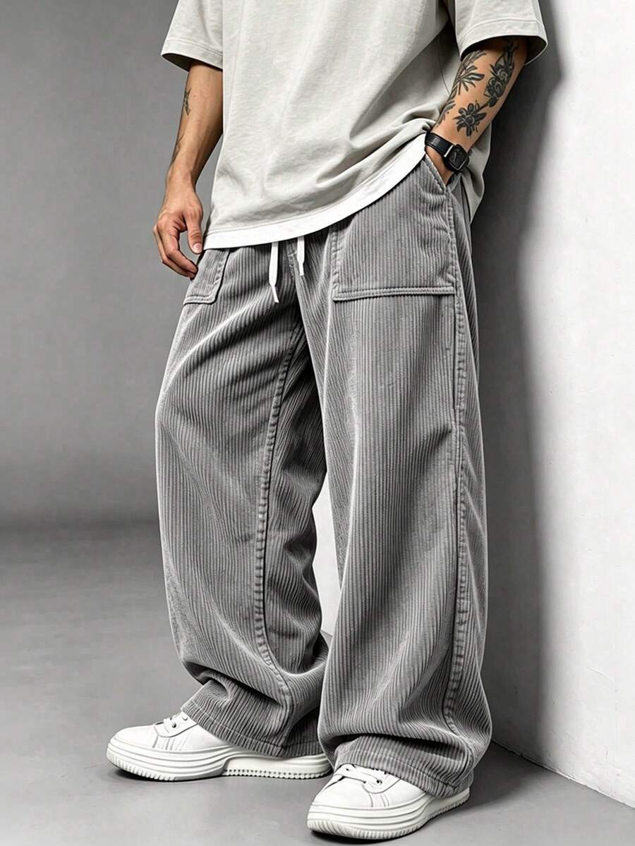 1pc Men's Corduroy Pants, Spring/Autumn, Casual Commute, Loose Fit, Minimalist Fashion, Training, Running, Versatile, Streetwear, Straight Leg - Grey - View 1