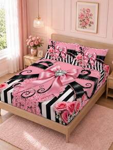3pcs Pink & Black Bow Bed Sheet Set, Rose Lace Heart Rhinestone Print (1 Bed Sheet + 2 Pillowcases, Pillow Inserts Not Included), Comfortable & Breathable, Multiple Sizes Available, Suitable For Master Bedroom, Guest Room, Etc. - Multicolor - View 3