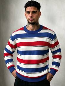 ZYNTH BALENO Men's Fashion Autumn/Winter 12-Gauge Striped Loose Drop Shoulder Crew Neck Long Sleeve Sweater, Suitable For Gym Workout Sports - Blue - View 1