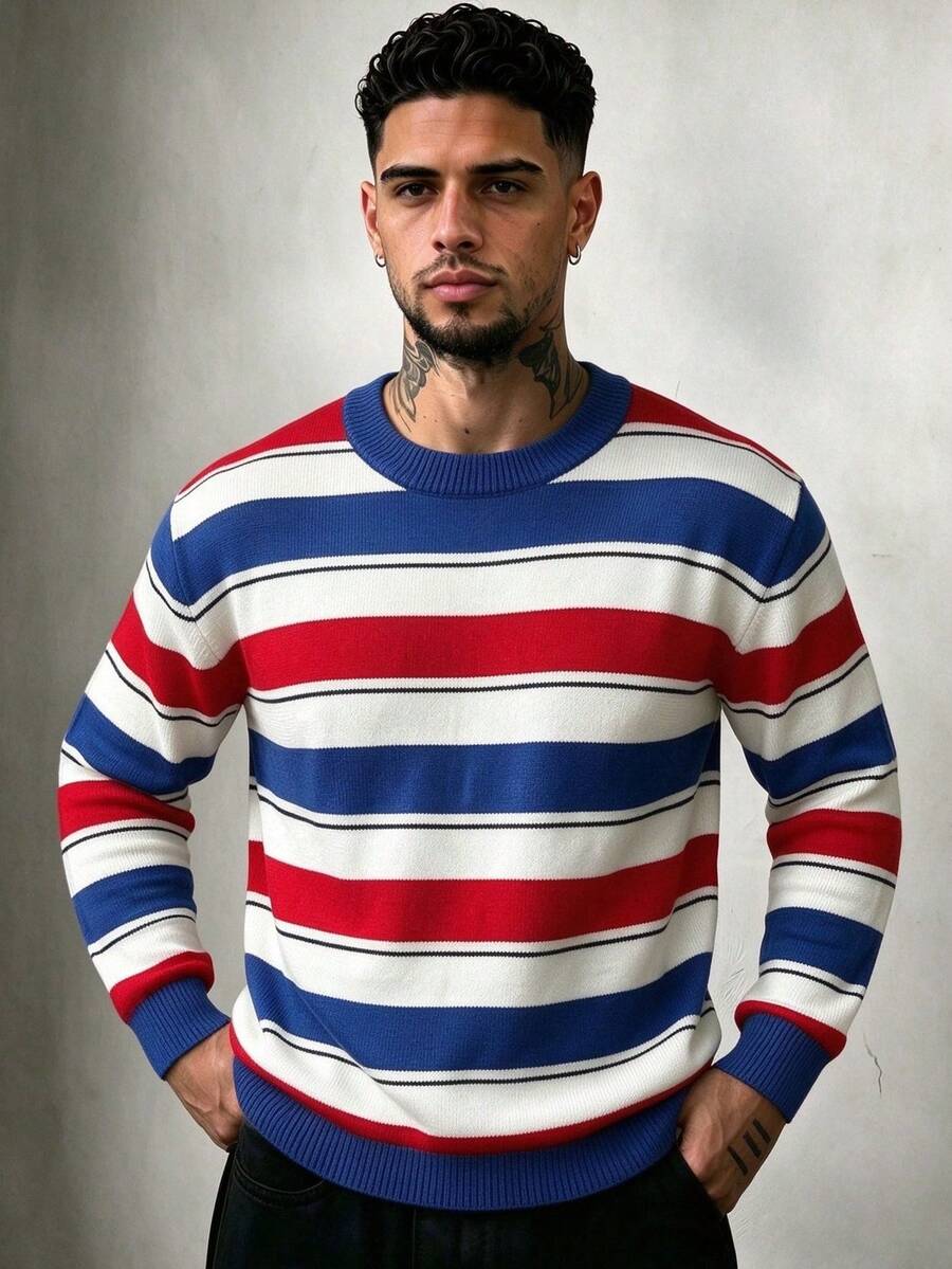 ZYNTH BALENO Men's Fashion Autumn/Winter 12-Gauge Striped Loose Drop Shoulder Crew Neck Long Sleeve Sweater, Suitable For Gym Workout Sports - Blue - View 1