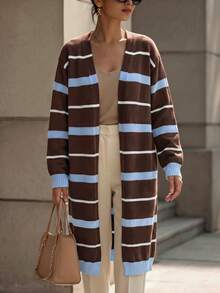 Women's Autumn/Winter Casual Y2K Outing Top Brown V-Neck Multi-Color Striped Long Knit Cardigan - Multicolor - View 5