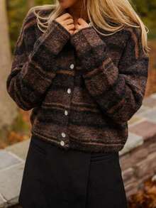 Women's Vintage Striped Knit Cardigan Sweater Jacket, Winter - Brown - View 4
