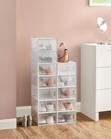 SONGMICS Cajas de Zapatos Plástico, Juego de 12 Organizadores de Almacenamiento, Caja Zapatero Plástico Plegable y Apilable para Zapatillas hasta talla 44, Transparente y Blanco LSP12SWT - Ver 6