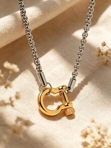 1pc Vintage Style Button & Metal Bead Necklace For Women, Suitable For Party, Daily Commute, Date, Vacation, Travel - Buckle Necklace - View 4