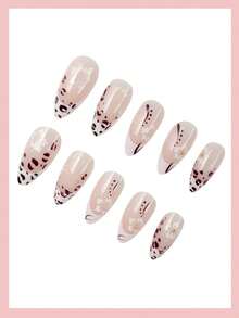 24pcs Almond Shaped Fake Nails With Nude Pink Base Hand Painted Leopard Print Paired With White Small Flowers French Style Sweet And Spicy Retro Design Suitable For Ladies Self Adhesive Autumn Christmas New Year Valentine's Day Series Nail Stickers - Multicolor - View 3