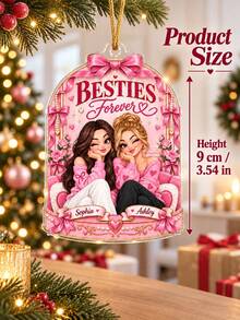 1pc Personalized Custom Besties Forever Acrylic Christmas Ornament, Custom Name Best Friend Keepsake Hanging Decoration, Pink Bow Cartoon Design, Christmas Gift For Best Friends Sisters, Christmas Tree Home Holiday Party Decor - Multicolor - View 3