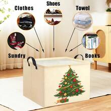 1PC Christmas Tree Bauble & Gift Box Printed Square Storage Bin With Handles, Collapsible Fabric Home Organizer - Beige - View 4