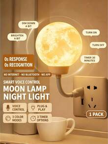 USB Smart Night Light With Adjustable Gooseneck; Voice-Controlled Mini Night Light Featuring Three Lighting Modes And English Voice Control Support; A Creative Plug-In Moon Lamp And USB Bedside Light With Preset Settings.Decorative Room Lights - Multi-color - View 2