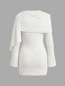 Just Masa Women's Fall Elegant Solid Color Sweater Dress,Flared Sleeve Round Neck Bodycon Mini Dress & Solid Shawl,For Party,Wedding,Birthday,Date - White - View 4