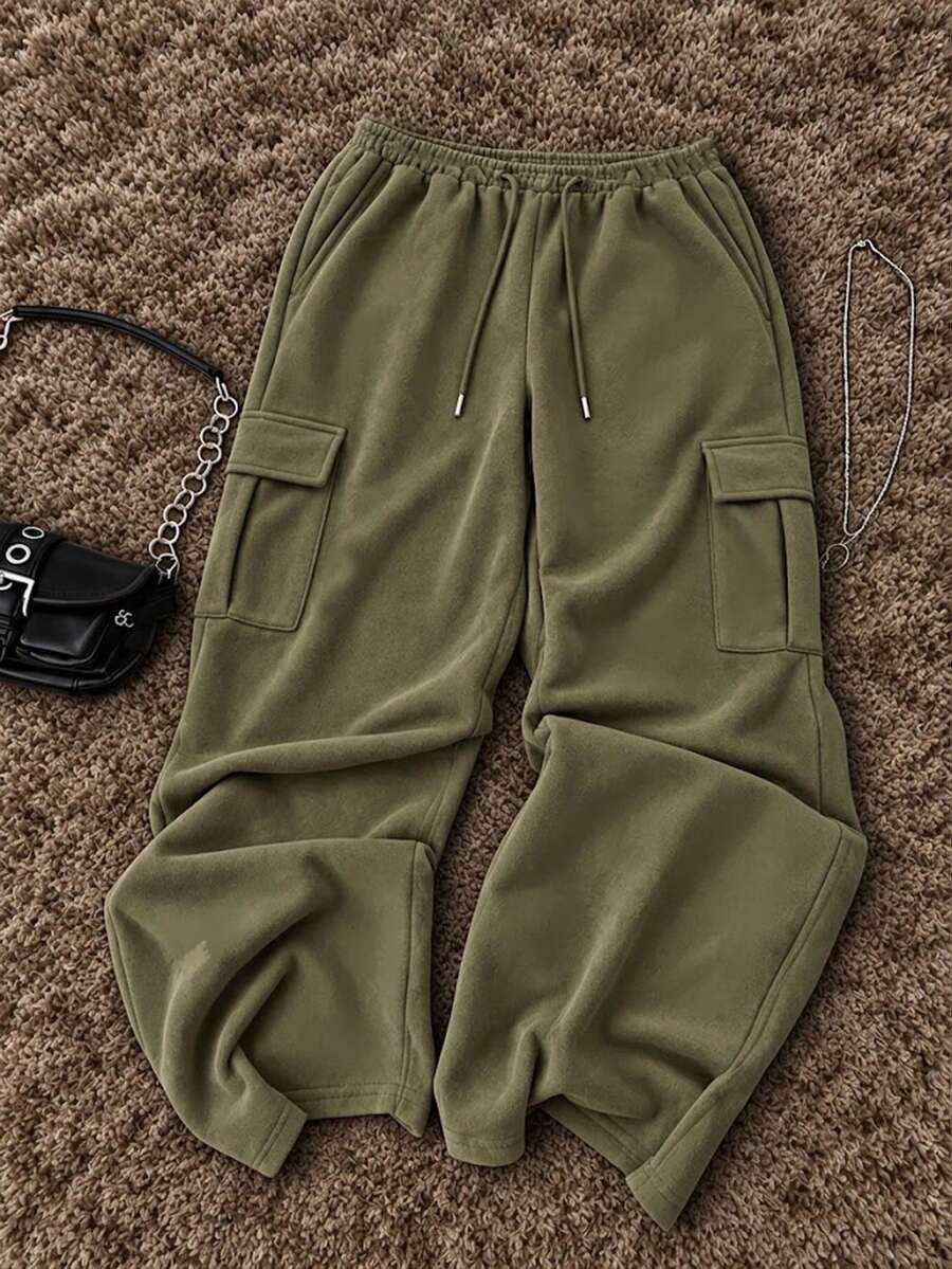 Pantalon cargo à jambes larges en daim vert pour femmes, automne/hiver, taille élastique avec cordon de serrage, pantalon décontracté ample et fluide, pantalon long décontracté - Militaire verte - Voir 1