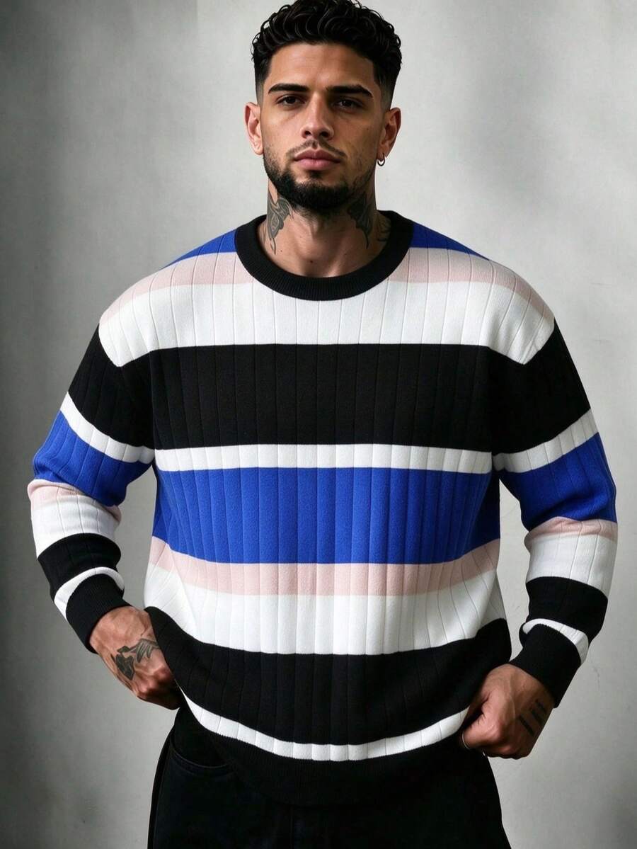 ZYNTH BALENO Men's Fashion Autumn/Winter Striped Crew Neck Long Sleeve Sweater, Suitable For Gym Workout Sports - Blue - View 1