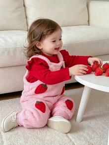 Baby Girl 2 Pieces Set Cute Strawberry Long Pants Outfit, Flannel Long Pants And Pullover Top, Autumn/Winter - Red - View 8
