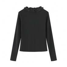 French Lace V-Neck Knitted Long Sleeve T-Shirt Women Niche Design Slim Fit Top - Black - View 7