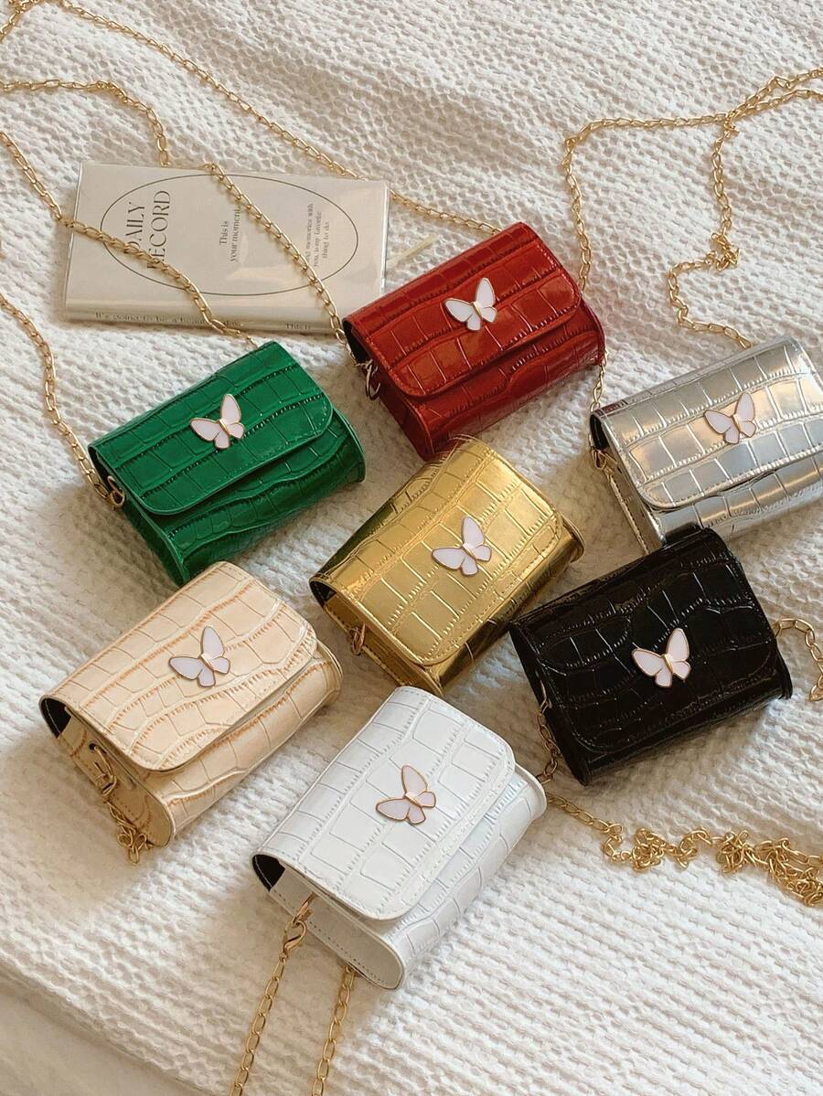 Children's Crocodile Pattern Butterfly Mini Chain Bag, Girls' Sweet One Shoulder Crossbody Bag, Princess Style Coin Square Pouch - A - View 1