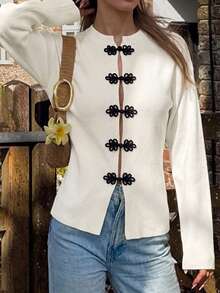 Women's Fashion Knit Cardigan Long Sleeve Double-Breasted Sweater - Off White - View 4