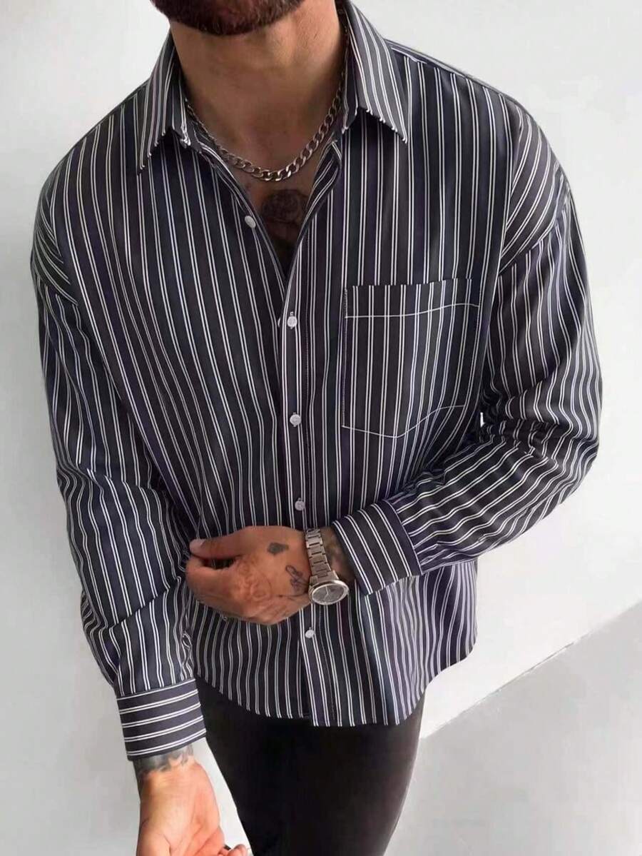 Men's Vertical Striped Long Sleeve Shirt, Turn-Down Collar Design, Chest Pocket, Front Button Closure, Loose Fit, Casual Daily Wear - Multicolor - View 1