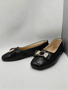 Women's Elegant Business Square Toe Bow Ballet Flats - Black - View 4