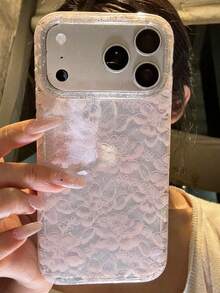 優雅浪漫蕾絲花卉印花亮片透明軟手機殼，適用於 iPhone 18 Pro Max 18 Pro 17 Pro Max 17 Pro 17 16 Pro Max 16 Pro 16 15 Pro Max 15 Pro 15 14 Pro Max 14 Pro 14 13 Pro Max 13 Pro 13 12 Pro Max 12 Pro 12 11，創意時尚透明亮面軟矽膠防震保護殼 - 粉色蕾絲花 - 查看 3