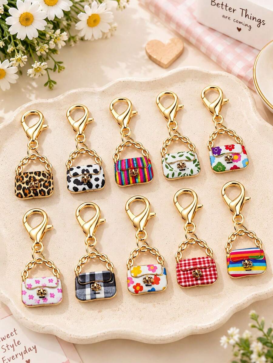 5/10 buah Gantungan Kunci Tas Mini Paduan Logam, Motif Leopard, Motif Bunga, Motif Kotak-kotak, Motif Pelangi, Liontin Jepit Lobster, Aksesoris DIY untuk Perempuan - MultiWarna - View 1