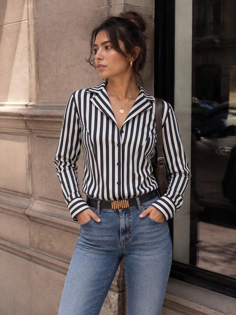SwallowLucky Women's Vertical Striped Satin Shirt, Long Sleeve Lapel Collar, Casual Blouse Suitable For Summer, Vacation, Work, Outings, Parties And Graduation