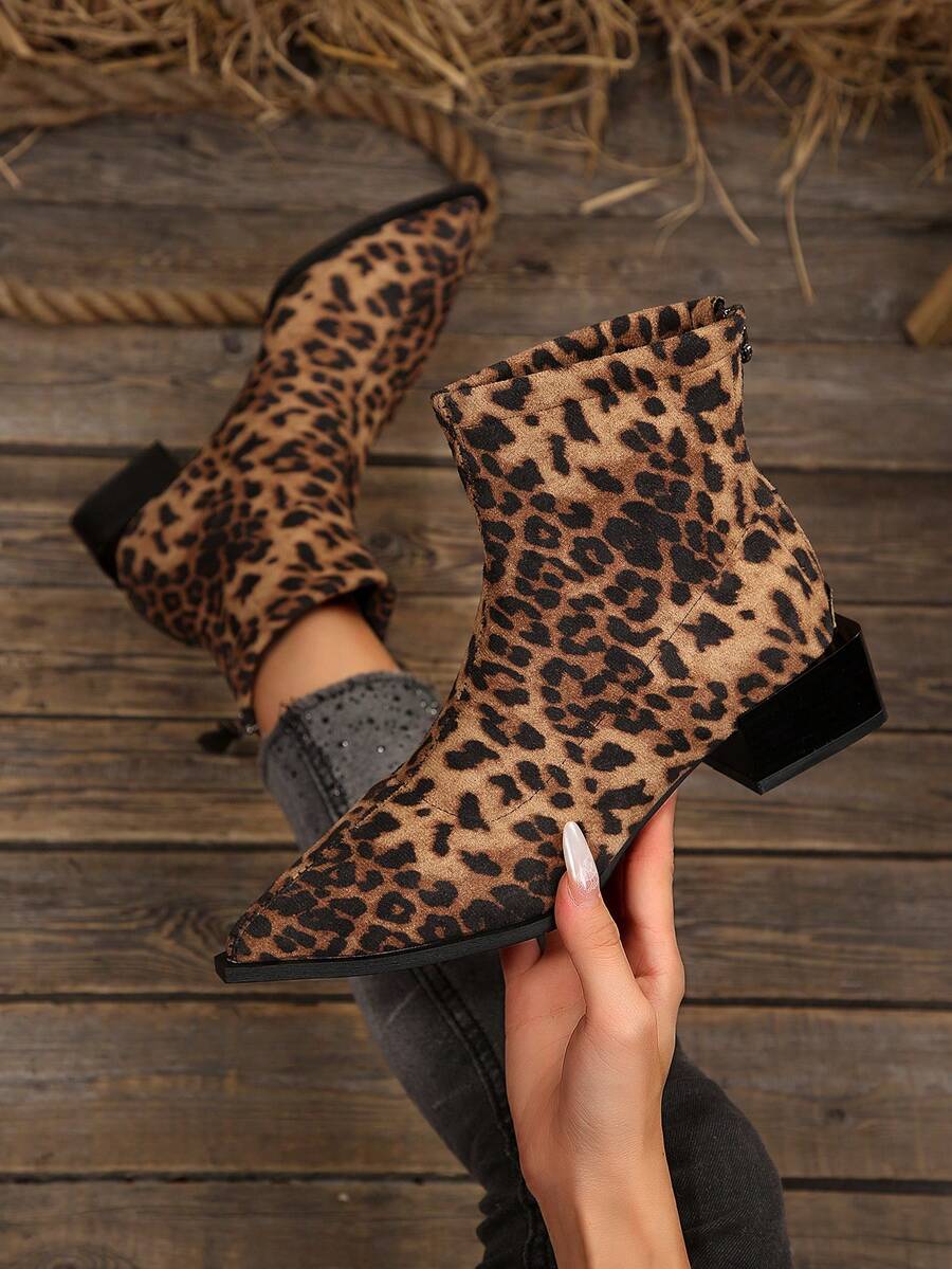 Women's New Autumn/Winter Ankle Boots & Ankle Boots, Suede Pointed Toe Square Heel Elastic Slim Fit, Back Zipper Leopard Print Versatile Commuter Low Heel Ankle Boots - Leopard - View 1