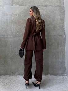 Premium Coffee Brown Ruched Cinched Waist Padded Shoulder Lapel Blazer For Women, Solid Color Front Button Ruched Tie Waist Office Commute Party Elegant Suit Jacket - Coffee Brown - View 4