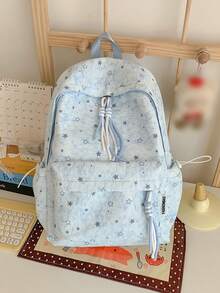 Star Print Heathered Backpack + Large Capacity Lightweight + Teen Girls School Daily + Grey Aesthetic Preppy Casual Backpack - Multicolor - View 8
