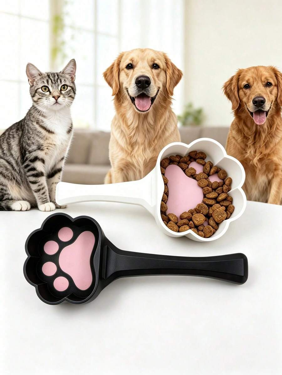 1pc Cute Paw Shaped Pet Food Scoop, Long Handle Plastic Measuring Spoon, Multi-Color Available, Feeding Spoon For Cats & Dogs, Pet Dry Food Feeding Accessory - Negro - View 1