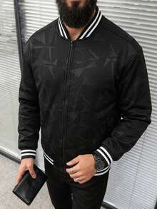 Men's All-Over Geometric Print Thermal Lined Baseball Collar Zip-Up Jacket, Loose Fit Outdoor Sports Top - Black - View 1