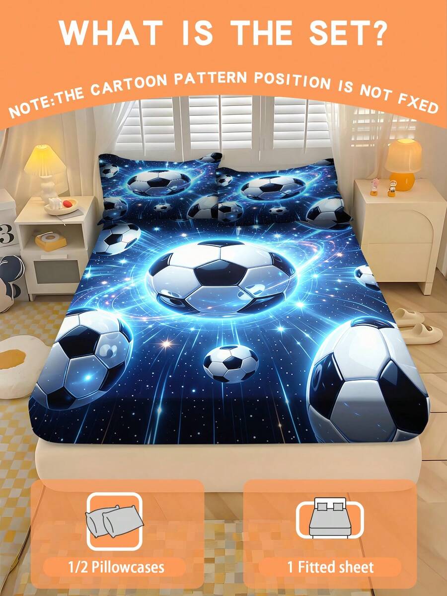 2/3PCS Blue Light Galaxy Soccer Fitted Sheet Green Dinosaur Print Bedding Set For All Seasons Twin/Full/Queen 100% Polyester Machine Washable - Multicolor - View 1