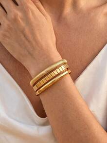 1-3pcs Gold Layered Metal-Like Women's Bracelet Set, Fashionable Beautiful Minimalist Round Finger, Lightweight CCB Material - Gold - View 6